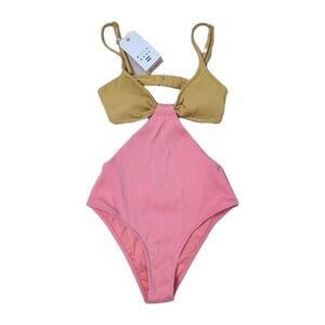 NEW Billabong Hi Life Freya One-Piece Yellow Pink‎ Ribbed Cutout Swimsuit Small